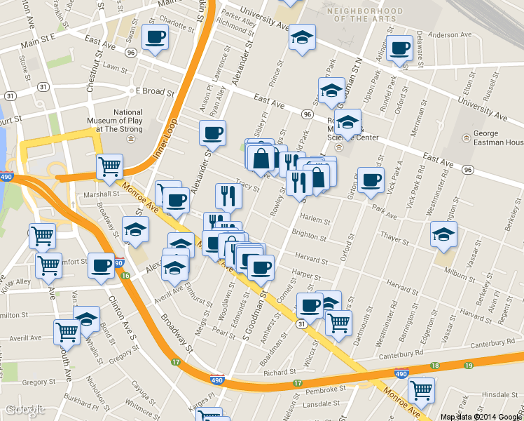 map of restaurants, bars, coffee shops, grocery stores, and more near 24 Rowley Street in Rochester