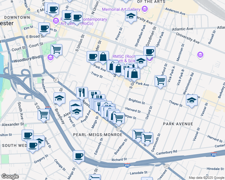map of restaurants, bars, coffee shops, grocery stores, and more near 260 Meigs Street in Rochester