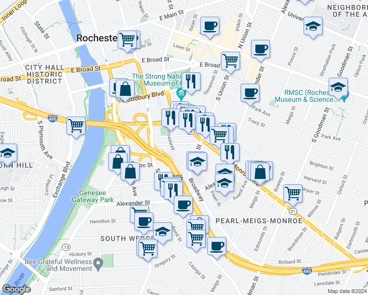 map of restaurants, bars, coffee shops, grocery stores, and more near 39 Pearl Street in Rochester