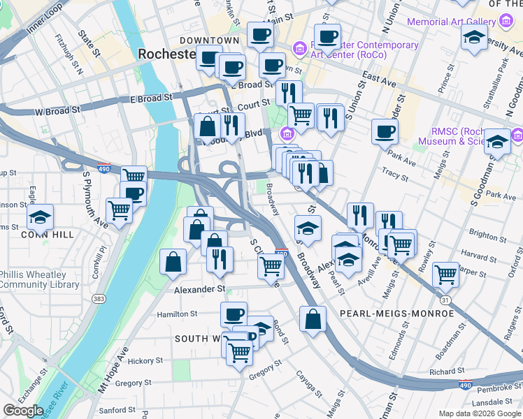 map of restaurants, bars, coffee shops, grocery stores, and more near 379 Broadway in Rochester
