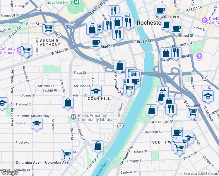 map of restaurants, bars, coffee shops, grocery stores, and more near 20 Cornhill Terrace in Rochester