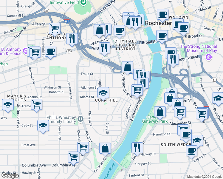 map of restaurants, bars, coffee shops, grocery stores, and more near 80 Adams Street in Rochester