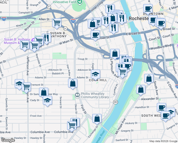 map of restaurants, bars, coffee shops, grocery stores, and more near 98 Adams Street in Rochester