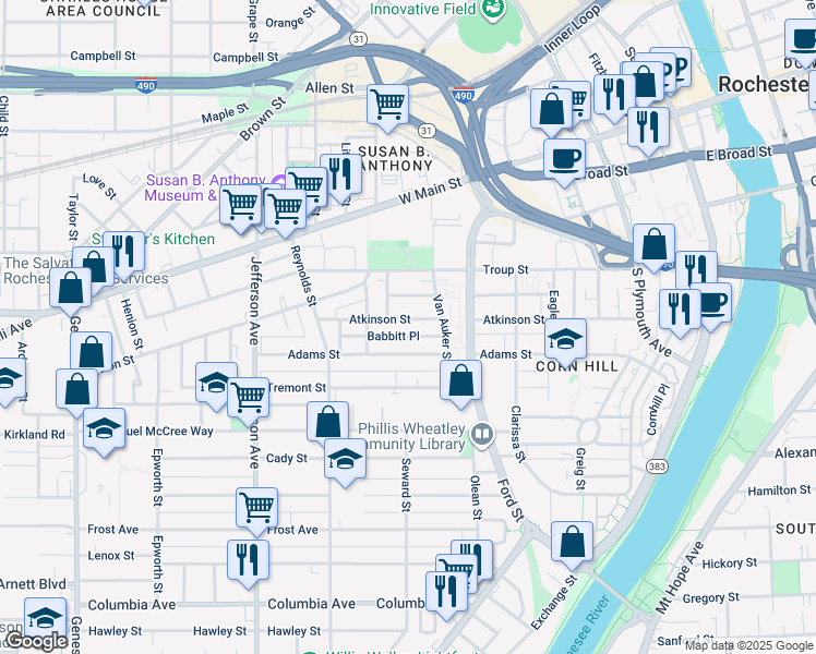 map of restaurants, bars, coffee shops, grocery stores, and more near 230 Adams Street in Rochester