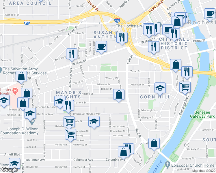 map of restaurants, bars, coffee shops, grocery stores, and more near 230 Adams Street in Rochester