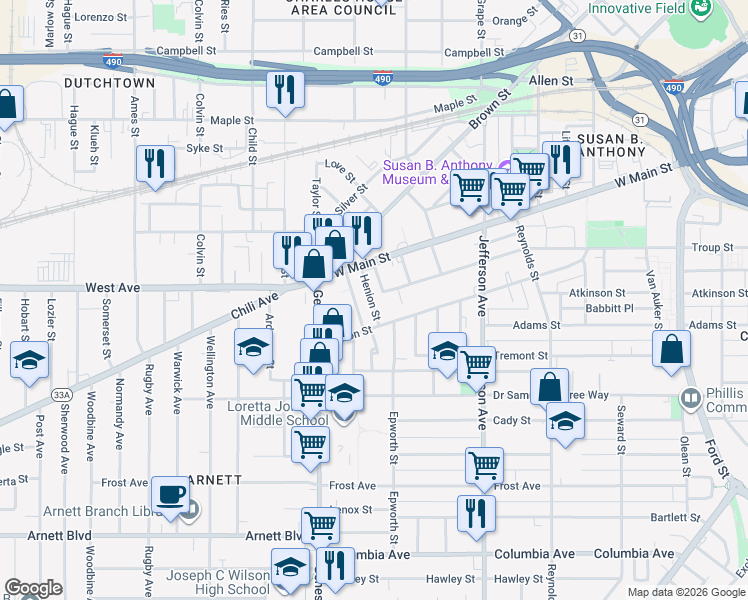 map of restaurants, bars, coffee shops, grocery stores, and more near 28 Churchlea Place in Rochester