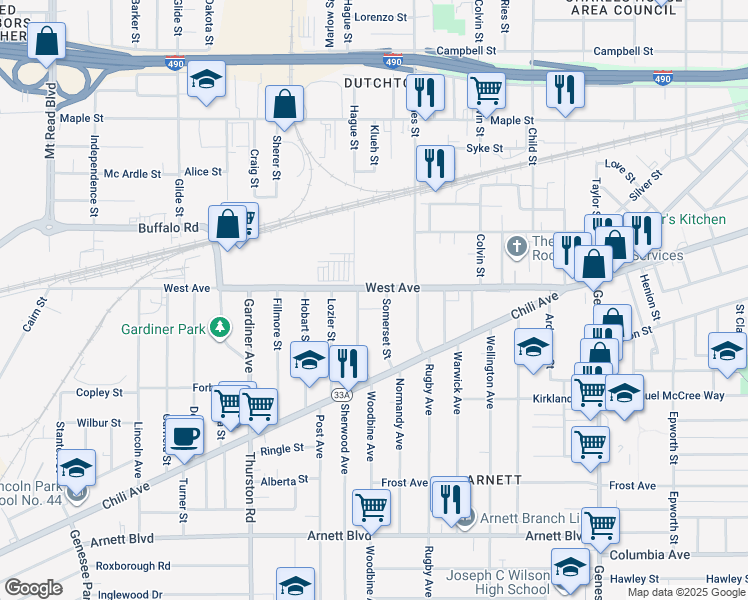 map of restaurants, bars, coffee shops, grocery stores, and more near 40 Thorndale Terrace in Rochester