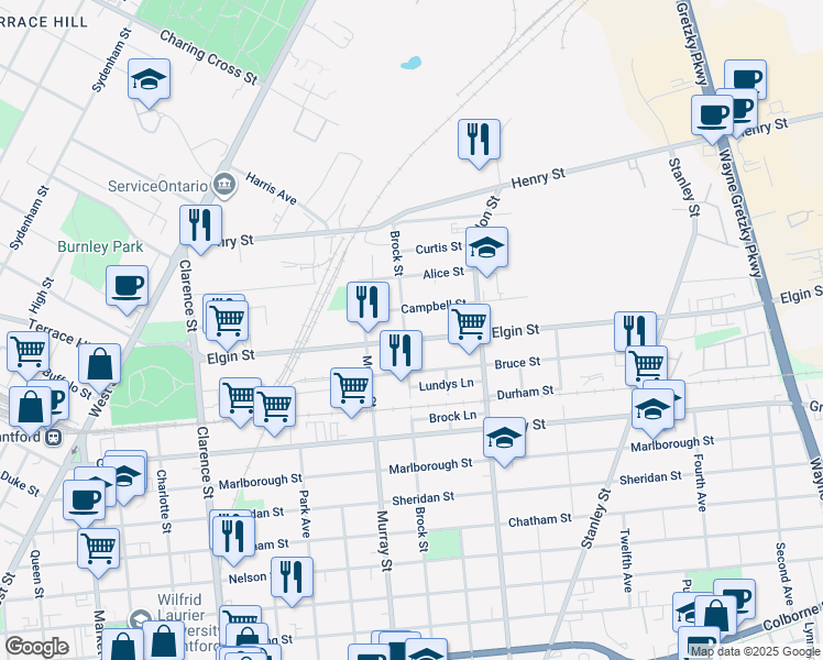 map of restaurants, bars, coffee shops, grocery stores, and more near 135 Elgin Street in Brantford