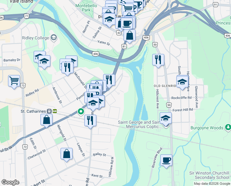 map of restaurants, bars, coffee shops, grocery stores, and more near 4 Rodman Hall Drive in St. Catharines