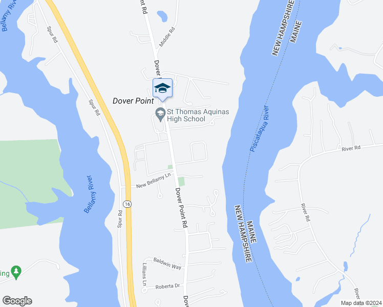 map of restaurants, bars, coffee shops, grocery stores, and more near 46 Riverside Drive in Dover