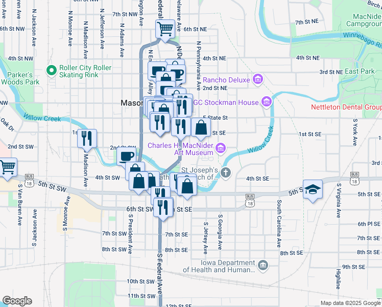 map of restaurants, bars, coffee shops, grocery stores, and more near 119 2nd Street Southeast in Mason City