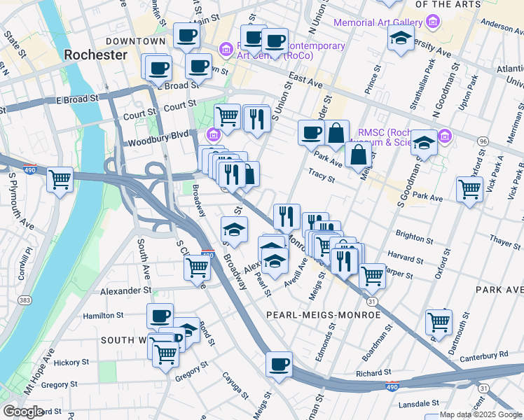 map of restaurants, bars, coffee shops, grocery stores, and more near in Rochester