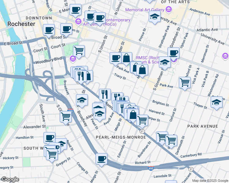 map of restaurants, bars, coffee shops, grocery stores, and more near 214 Alexander Street in Rochester