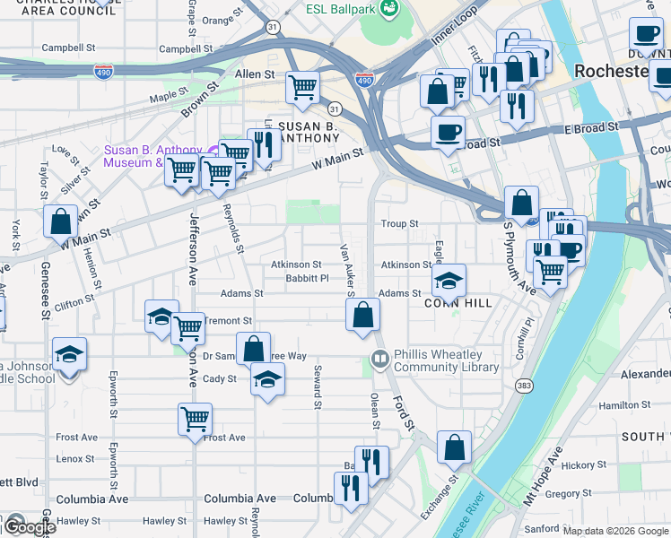 map of restaurants, bars, coffee shops, grocery stores, and more near in Rochester