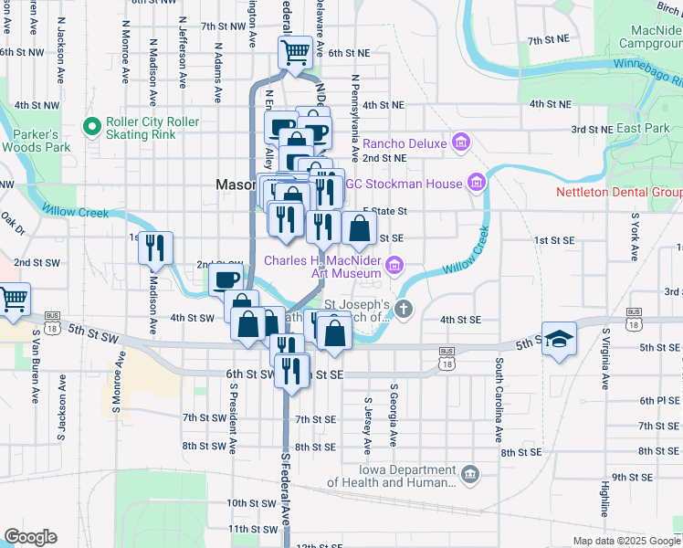 map of restaurants, bars, coffee shops, grocery stores, and more near 119 2nd Street Southeast in Mason City