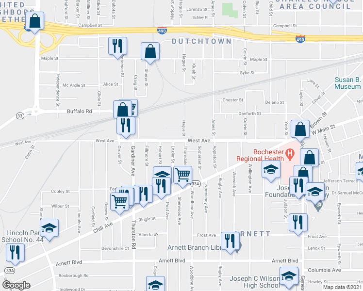 map of restaurants, bars, coffee shops, grocery stores, and more near 126 Lozier Street in Rochester