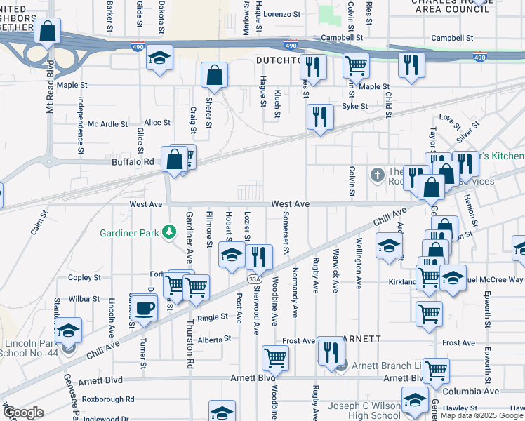map of restaurants, bars, coffee shops, grocery stores, and more near 40 Thorndale Terrace in Rochester
