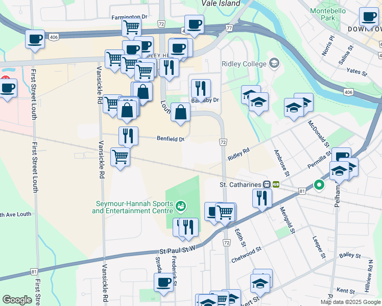 map of restaurants, bars, coffee shops, grocery stores, and more near 76 Benfield Drive in Saint Catharines
