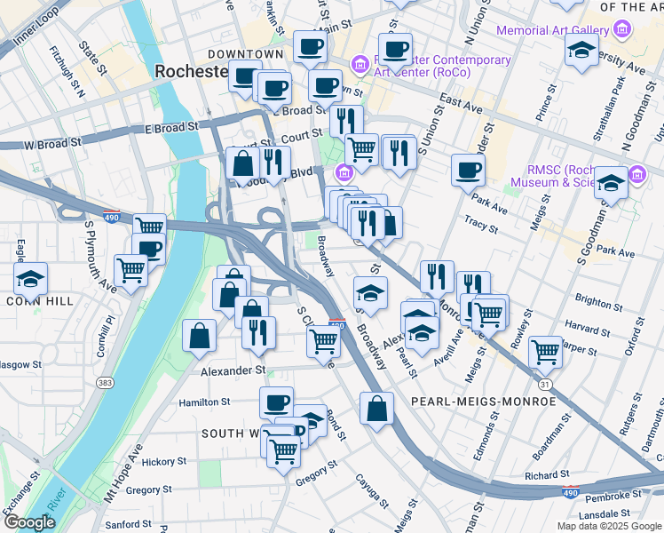 map of restaurants, bars, coffee shops, grocery stores, and more near 354 Broadway Street in Rochester