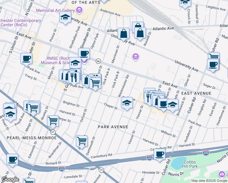 map of restaurants, bars, coffee shops, grocery stores, and more near 139 Westminster Road in Rochester