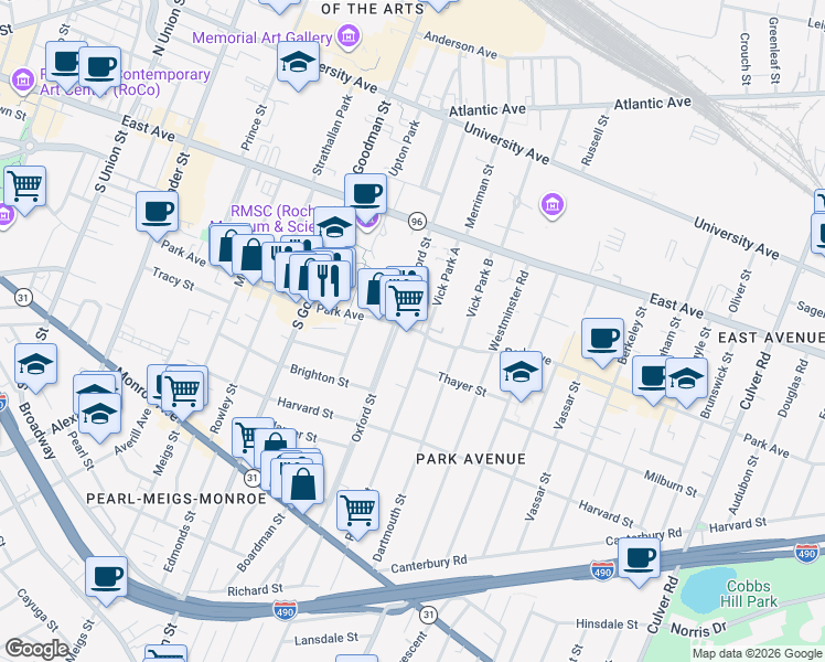 map of restaurants, bars, coffee shops, grocery stores, and more near 33 Rutgers Street in Rochester