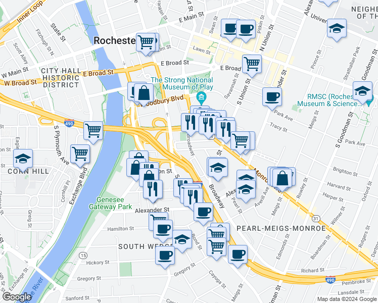 map of restaurants, bars, coffee shops, grocery stores, and more near 379 Broadway in Rochester