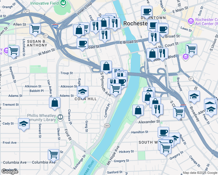 map of restaurants, bars, coffee shops, grocery stores, and more near in Rochester