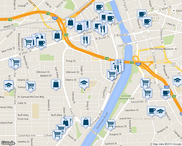 map of restaurants, bars, coffee shops, grocery stores, and more near 80 Adams Street in Rochester