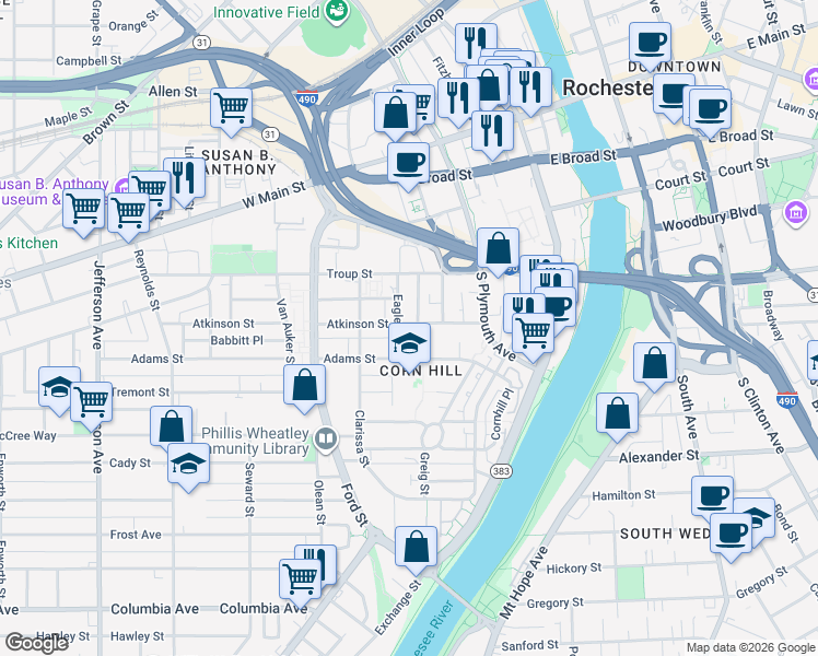 map of restaurants, bars, coffee shops, grocery stores, and more near 98 Adams Street in Rochester