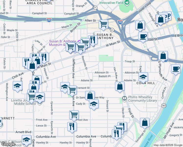map of restaurants, bars, coffee shops, grocery stores, and more near 87 Reynolds Street in Rochester