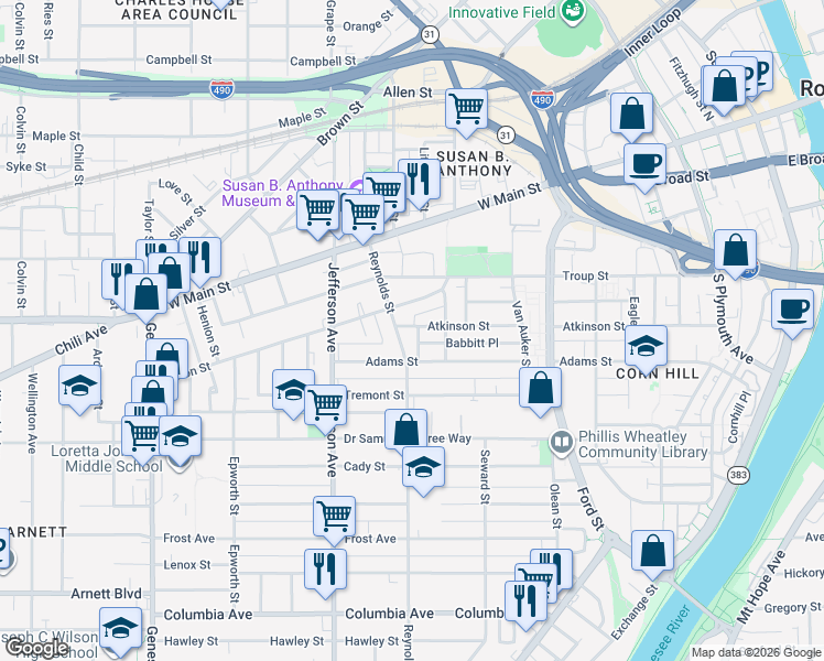 map of restaurants, bars, coffee shops, grocery stores, and more near 87 Reynolds Street in Rochester