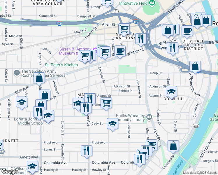 map of restaurants, bars, coffee shops, grocery stores, and more near 87 Reynolds Street in Rochester