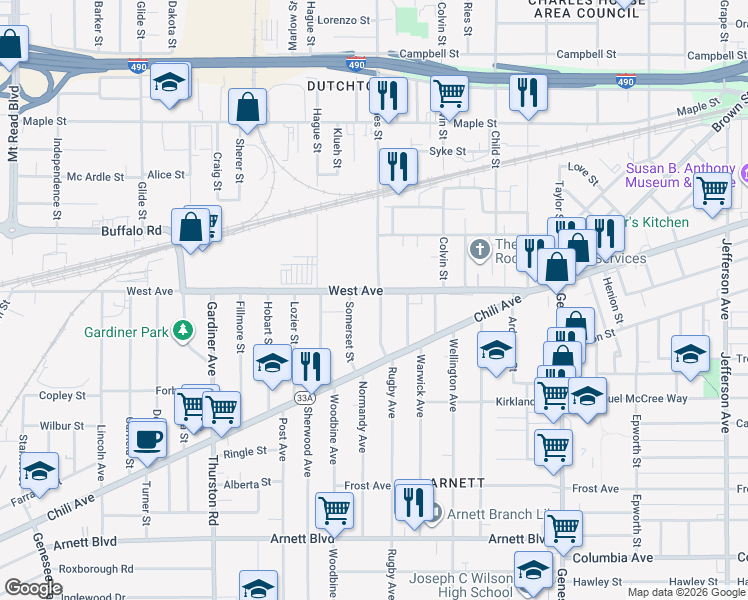 map of restaurants, bars, coffee shops, grocery stores, and more near 32 Somerset Street in Rochester