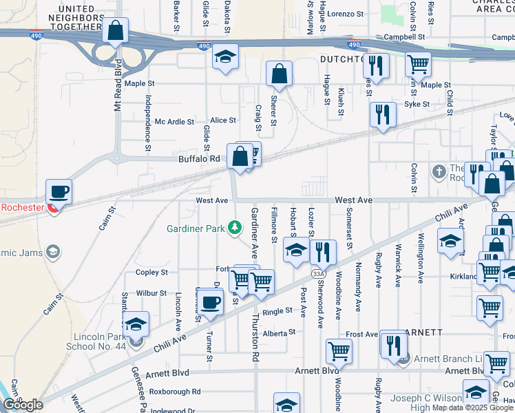 map of restaurants, bars, coffee shops, grocery stores, and more near 40 Gardiner Avenue in Rochester