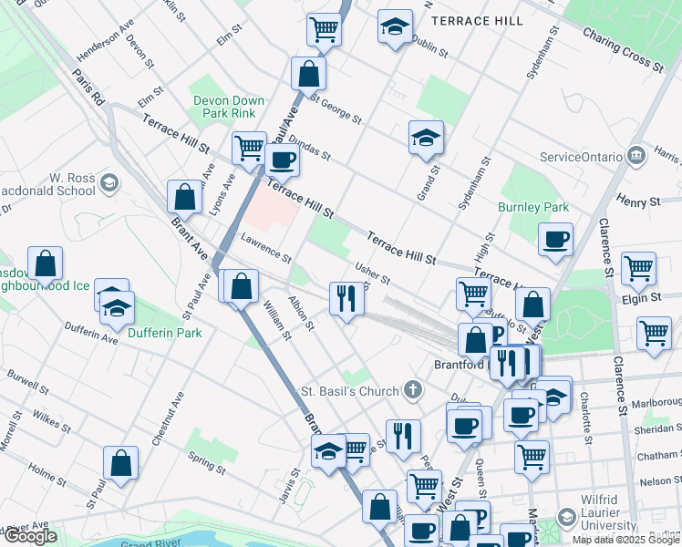 map of restaurants, bars, coffee shops, grocery stores, and more near in Brantford
