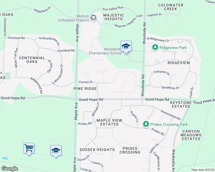 map of restaurants, bars, coffee shops, grocery stores, and more near N72W23772 Good Hope Road in Sussex