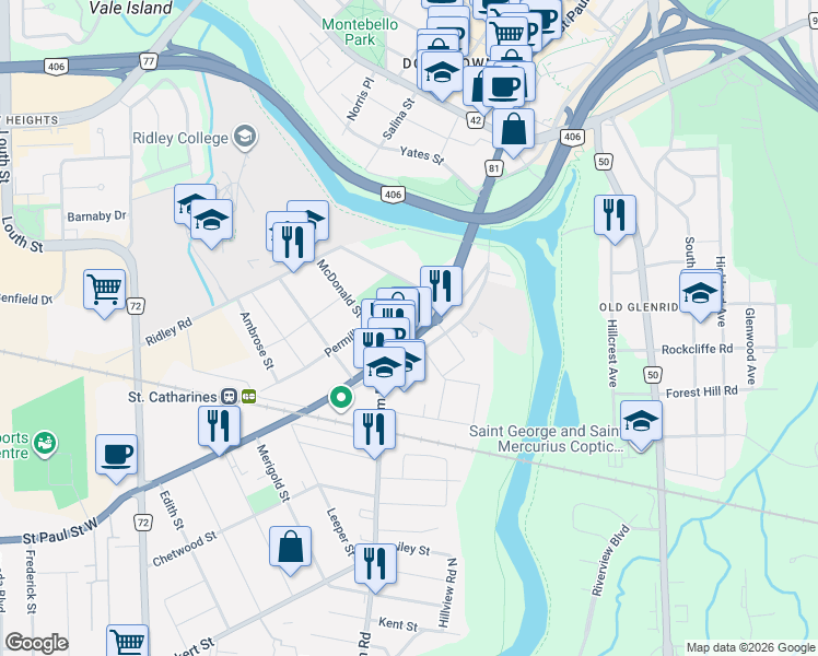 map of restaurants, bars, coffee shops, grocery stores, and more near 145 Saint Paul Crescent in St. Catharines