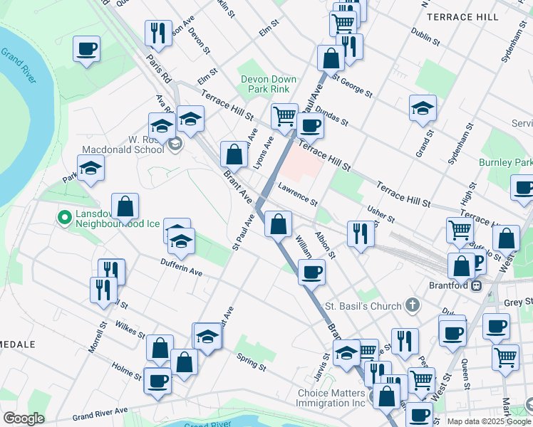 map of restaurants, bars, coffee shops, grocery stores, and more near 291 Brant Avenue in Brantford