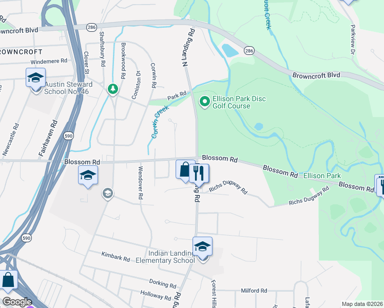 map of restaurants, bars, coffee shops, grocery stores, and more near 1737 Blossom Road in Rochester
