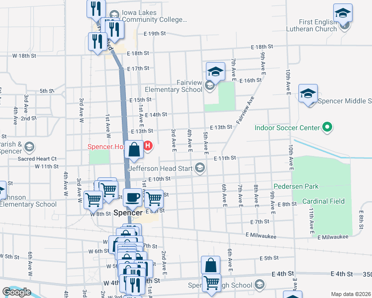 map of restaurants, bars, coffee shops, grocery stores, and more near 308 East 11th Street in Spencer