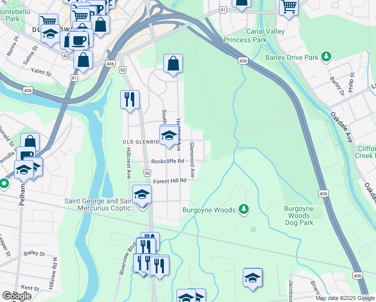 map of restaurants, bars, coffee shops, grocery stores, and more near 118 Glenwood Avenue in Saint Catharines