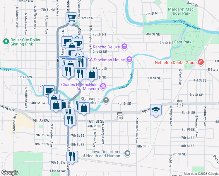 map of restaurants, bars, coffee shops, grocery stores, and more near 321 2nd Street Southeast in Mason City