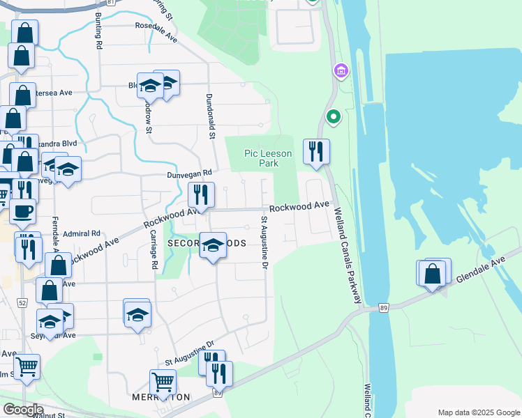 map of restaurants, bars, coffee shops, grocery stores, and more near 131 Rockwood Avenue in Saint Catharines
