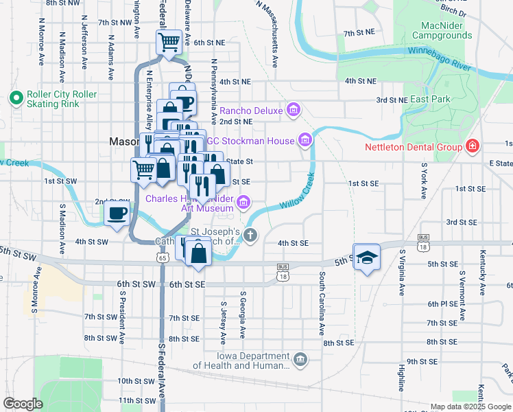 map of restaurants, bars, coffee shops, grocery stores, and more near 321 2nd Street Southeast in Mason City
