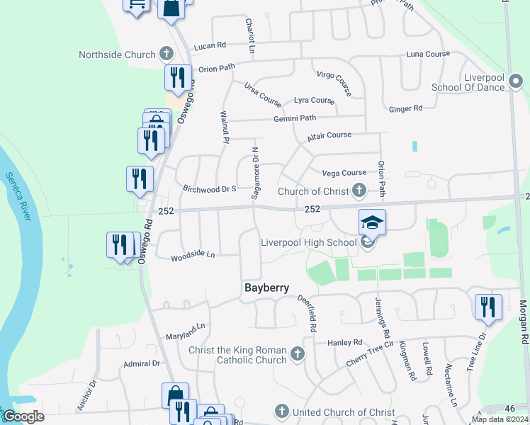 map of restaurants, bars, coffee shops, grocery stores, and more near 4202 Wetzel Road in Liverpool