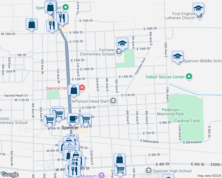 map of restaurants, bars, coffee shops, grocery stores, and more near 417 East 12th Street in Spencer