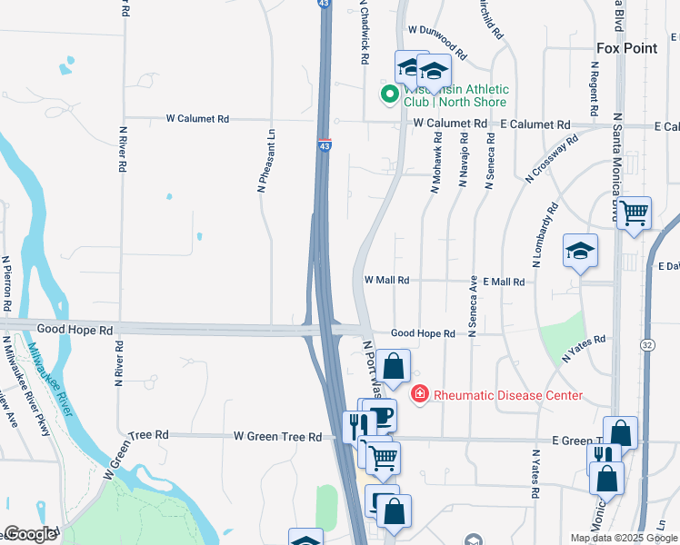 map of restaurants, bars, coffee shops, grocery stores, and more near 7307 North Port Washington Road in Glendale