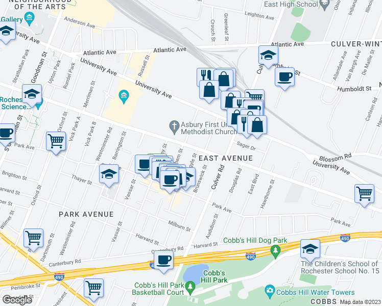 map of restaurants, bars, coffee shops, grocery stores, and more near 1132 East Avenue in Rochester