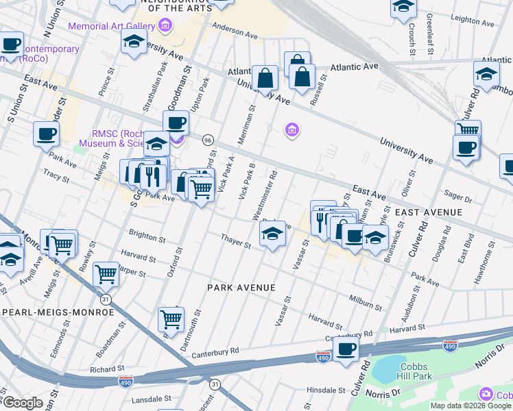 map of restaurants, bars, coffee shops, grocery stores, and more near 25 Vick Park B in Rochester
