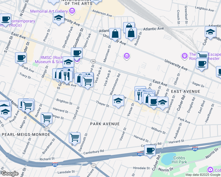 map of restaurants, bars, coffee shops, grocery stores, and more near 25 Vick Park B in Rochester